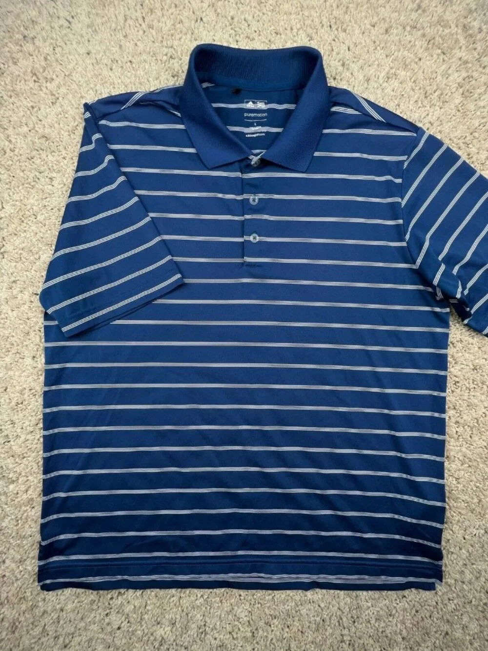 Adidas Men's Polo Shirt Blue White Striped Puremotion Golf Large Stretch